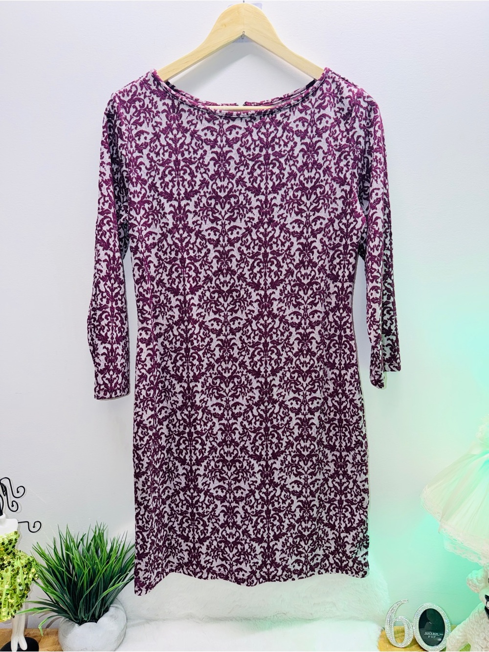 Purple Damask Embroidered Print Shift Dress Garden Wedding Business Casual 💝